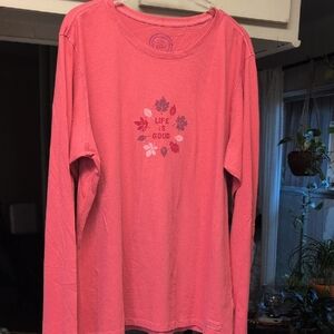 Life Is Good Long Sleeve Tee Pink Leaf Wreath.